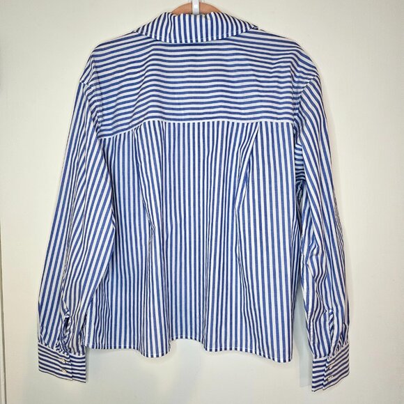 CAbi Striped Long Sleeve Button Up Prep School Shirt 6085, L, White & Blue - Picture 3 of 9